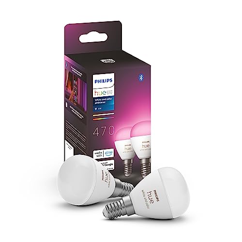 Philips Hue Kogellamp 2-Pack - E14 - Duurzame LED Verlichting - Smart Lamp - Wit en Gekleurd Licht - Dimbaar - Verbind met Bluetooth of Hue Bridge - Werkt met Alexa en Google Home