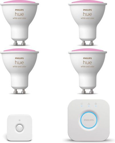 Philips Hue Starterspakket – White and Color Ambiance – GU10 – 4 lampen – Bewegingssensor binnen – Bridge