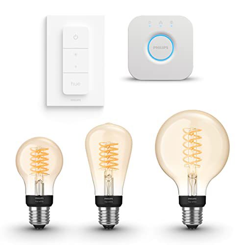 Philips Hue Starterspakket White Filament Mix E27 – 3 Hue Lampen, Bridge en Dimmer Switch – Eenvoudige Installatie – Werkt met Alexa en Google Home