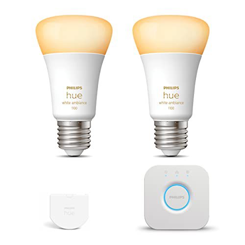 Philips Hue Starterspakket White Ambiance E27 – 2 Hue Lampen, Wall Switch en Bridge – Eenvoudige Installatie – Werkt met Alexa en Google Home