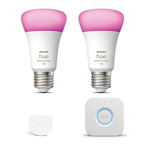 Philips Hue Starterspakket White and Color Ambiance E27 – 2 Hue Lampen, Wall Switch en Bridge – Eenvoudige Installatie – Werkt met Alexa en Google Home