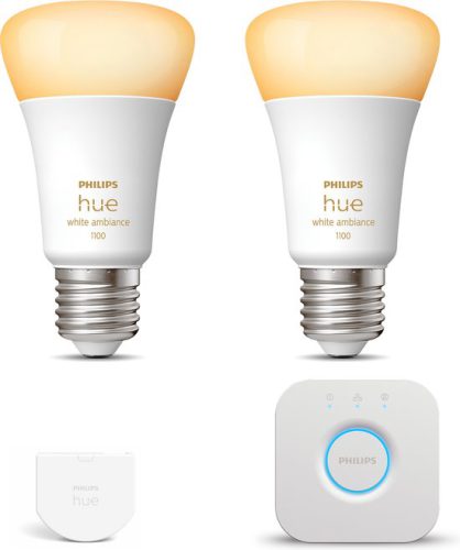 Philips Hue Starterspakket White Ambiance E27 – 2 Hue Lampen, Wall Switch en Bridge – Eenvoudige Installatie – Werkt met Alexa en Google Home