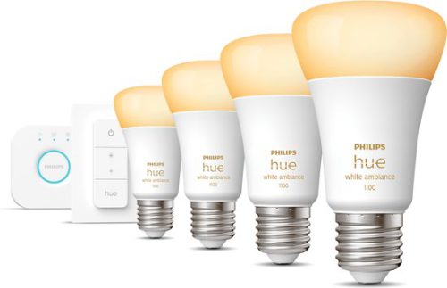 Philips Hue Starterspakket White Ambiance E27 – 4 Hue Lampen, Dimmer Switch en Bridge – Eenvoudige Installatie – Werkt met Alexa en Google Home