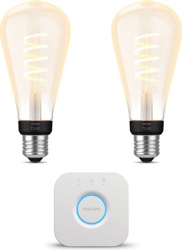 Philips Hue Starterspakket White Ambiance E27 – Filament Edison groot – 2 Hue LED Lampen en Bridge – Eenvoudige Installatie – Werkt met Alexa en Google Home