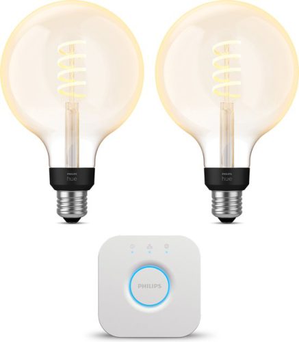 Philips Hue Starterspakket White Ambiance E27 – Filament Globe groot – 2 Hue LED Lampen en Bridge – Eenvoudige Installatie – Werkt met Alexa en Google Home