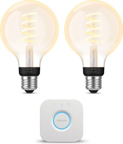 Philips Hue Starterspakket White Ambiance E27 – Filament Globe klein – 2 Hue LED Lampen en Bridge – Eenvoudige Installatie – Werkt met Alexa en Google Home