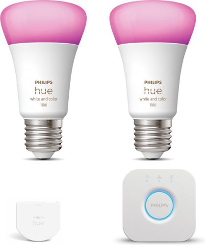 Philips Hue Starterspakket White and Color Ambiance E27 – 2 Hue Lampen, Wall Switch en Bridge – Eenvoudige Installatie – Werkt met Alexa en Google Home