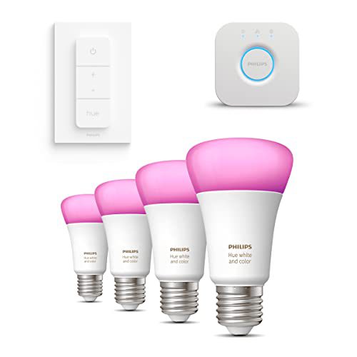 Philips Hue Starterspakket White and Color Ambiance E27 – 4 Hue LED Lampen, Bridge en Dimmer Switch – Eenvoudige Installatie – Werkt met Alexa en Google Home