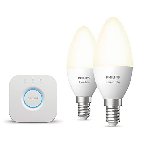 Philips Hue Starterspakket White E14 – 2 Hue LED Kaarsampen en Bridge – Eenvoudige Installatie – Werkt met Alexa en Google Home