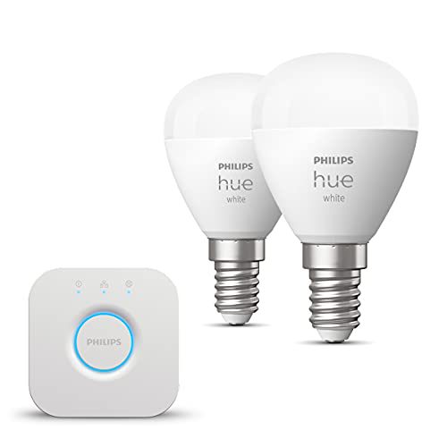 Philips Hue Starterspakket White E14 – 2 Hue LED Kogellampen en Bridge – Eenvoudige Installatie – Werkt met Alexa en Google Home