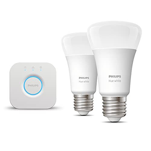 Philips Hue Starterspakket White E27 – 2 Hue LED Lampen en Bridge – Eenvoudige Installatie – Werkt met Alexa en Google Home