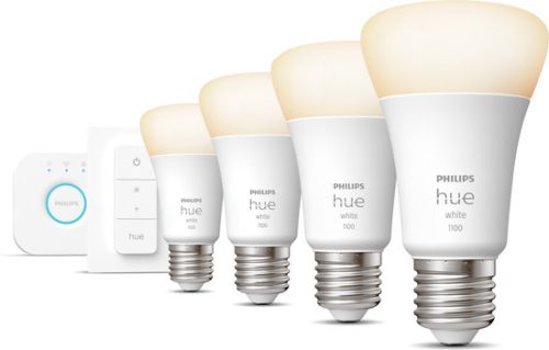 Philips Hue Starterspakket White E27 – 4 Lampen, Bridge en Dimmer Switch – Eenvoudige Installatie – Werkt met Alexa en Google Home