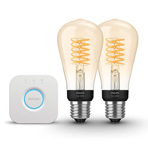 Philips Hue Starterspakket White E27 – Filament Edison Klein (ST64) – 2 Hue LED Lampen en Bridge – Eenvoudige Installatie – Werkt met Alexa en Google Home
