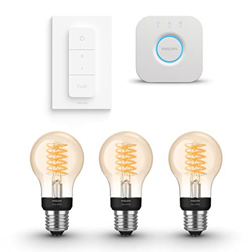 Philips Hue Starterspakket White Filament E27 – 3 Hue Filament Lampen, Dimmer Switch en Bridge – Eenvoudige Installatie – Werkt met Alexa en Google Home