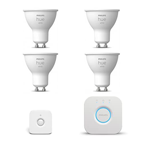 Philips Hue Starterspakket White GU10 – 4 Hue LED lampen en Bridge – Bewegingssensor binnen – Eenvoudige Installatie – Werkt met Alexa en Google Home