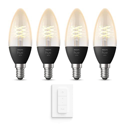 Philips Hue Uitbreidingspakket White Filament E14 – 4 Hue Kaarslampen en Dimmer Switch – Warm Wit Licht – Dimbaar