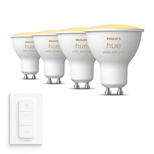 Philips Hue Uitbreidingspakket White Ambiance GU10 – 4 Hue Lampen en Dimmer Switch – Warm tot Koelwit Licht – Dimbaar