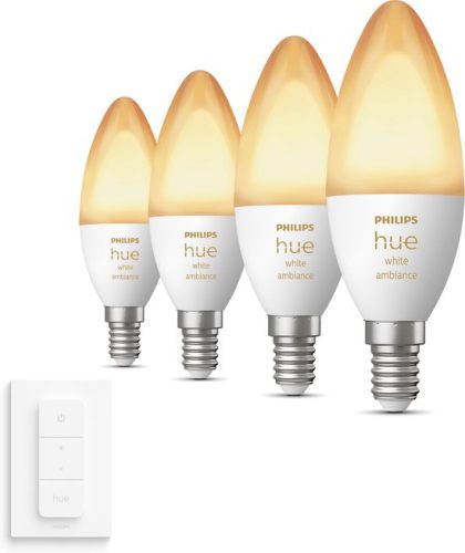 Philips Hue Uitbreidingspakket White Ambiance E14 – 4 Hue Kaarslampen en Dimmer Switch – Warm tot Koelwit Licht – Dimbaar