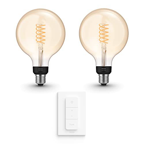 Philips Hue Uitbreidingspakket White Ambiance E27 – 2 Hue Lampen en Dimmer Switch – Warm tot Koelwit Licht – Filament Globe Groot – Werkt met Alexa en Google Home