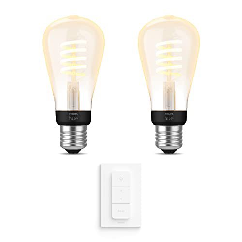 Philips Hue Uitbreidingspakket White Ambiance E27 – 2 Hue Lampen en Dimmer Switch – Warm tot Koelwit Licht – Filament Edison Klein – Werkt met Alexa en Google Home