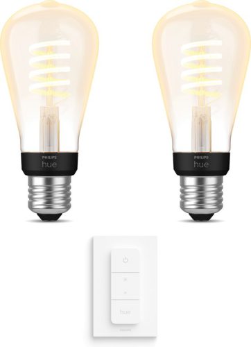 Philips Hue Uitbreidingspakket White Ambiance E27 – 2 Hue Lampen en Dimmer Switch – Warm tot Koelwit Licht – Filament Edison Klein – Werkt met Alexa en Google Home