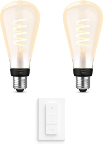 Philips Hue Uitbreidingspakket White Ambiance E27 – 2 Hue Lampen en Dimmer Switch – Warm tot Koelwit Licht – Filament Edison Groot – Werkt met Alexa en Google Home