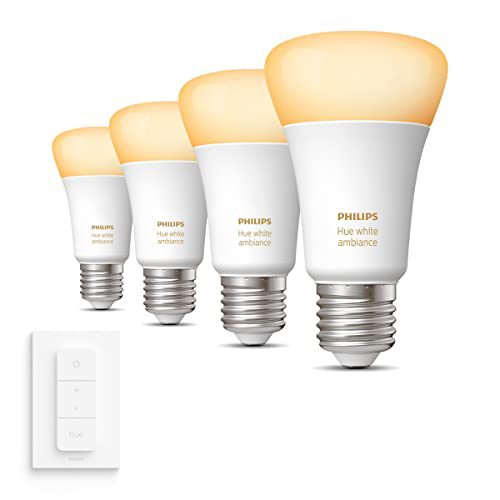 Philips Hue Uitbreidingspakket White Ambiance E27 – 4 Hue Lampen en Dimmer Switch – Warm tot Koelwit Licht – Dimbaar