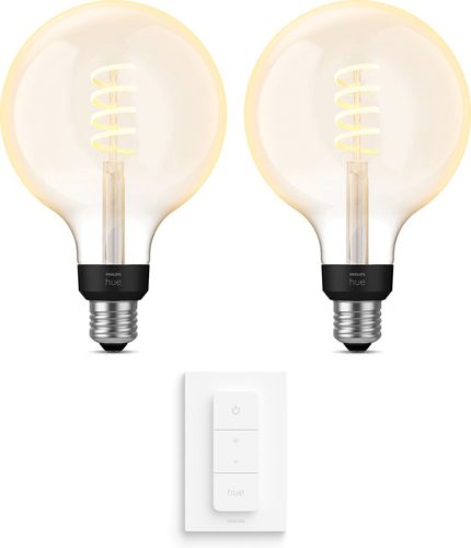 Philips Hue Uitbreidingspakket White Ambiance Filament Globe E27 Groot- 2 Hue Lampen en Dimmer Switch – Warm tot Koelwit Licht – Dimbaar
