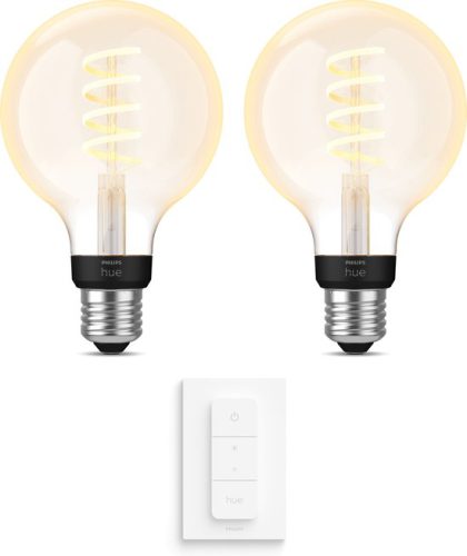 Philips Hue Uitbreidingspakket White Ambiance Filament Globe E27 Klein – 2 Hue Lampen en Dimmer Switch – Warm tot Koelwit Licht – Dimbaar