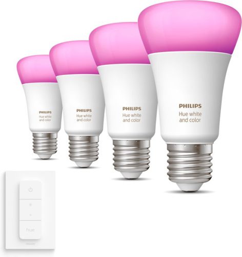 Philips Hue Uitbreidingspakket White and Color Ambiance E27 – 4 Hue Lampen en Dimmer Switch – Wit en Gekleurd Licht – Dimbaar