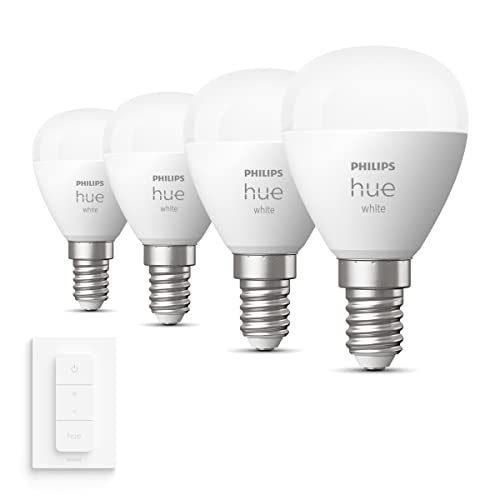 Philips Hue Uitbreidingspakket White E14 – 4 Hue Kogellampen en Dimmer Switch – Warm Wit Licht – Dimbaar