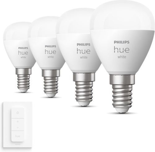 Philips Hue Uitbreidingspakket White E14 – 4 Hue Kogellampen en Dimmer Switch – Warm Wit Licht – Dimbaar