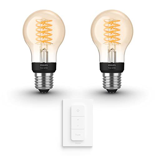 Philips Hue Uitbreidingspakket White Ambiance E27 – 2 Hue Lampen en Dimmer Switch – Warm Licht – Filament Standaard – Werkt met Alexa en Google Home