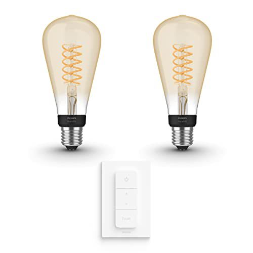 Philips Hue Uitbreidingspakket White E27 – 2 Hue Lampen en Dimmer Switch – Warm Wit Licht – Filament Edison Groot – Werkt met Alexa en Google Home