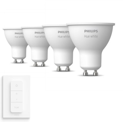 Philips Hue Uitbreidingspakket White GU10 – 4 Hue Lampen en Dimmer Switch – Warm Wit Licht – Dimbaar