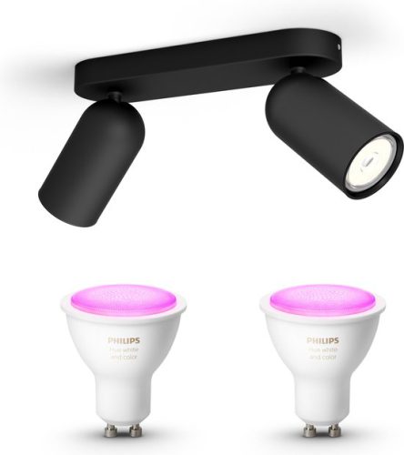 Philips myLiving Pongee Opbouwspot White & Color Ambiance GU10 – 2 Hue Lampen – Wit en Gekleurd Licht – Dimbare Plafondspots – Zwart
