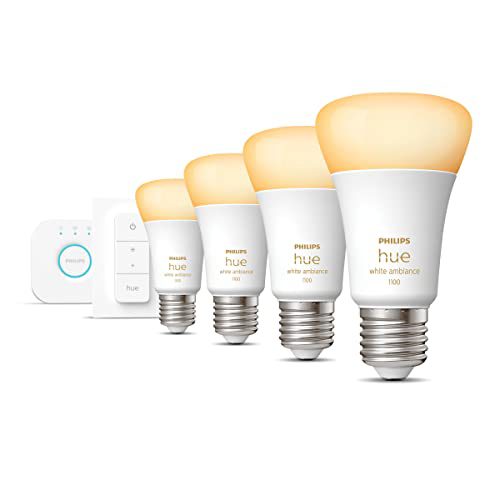 Philips Hue Starterspakket White Ambiance E27 – 4 Hue Lampen, Dimmer Switch en Bridge – Eenvoudige Installatie – Werkt met Alexa en Google Home